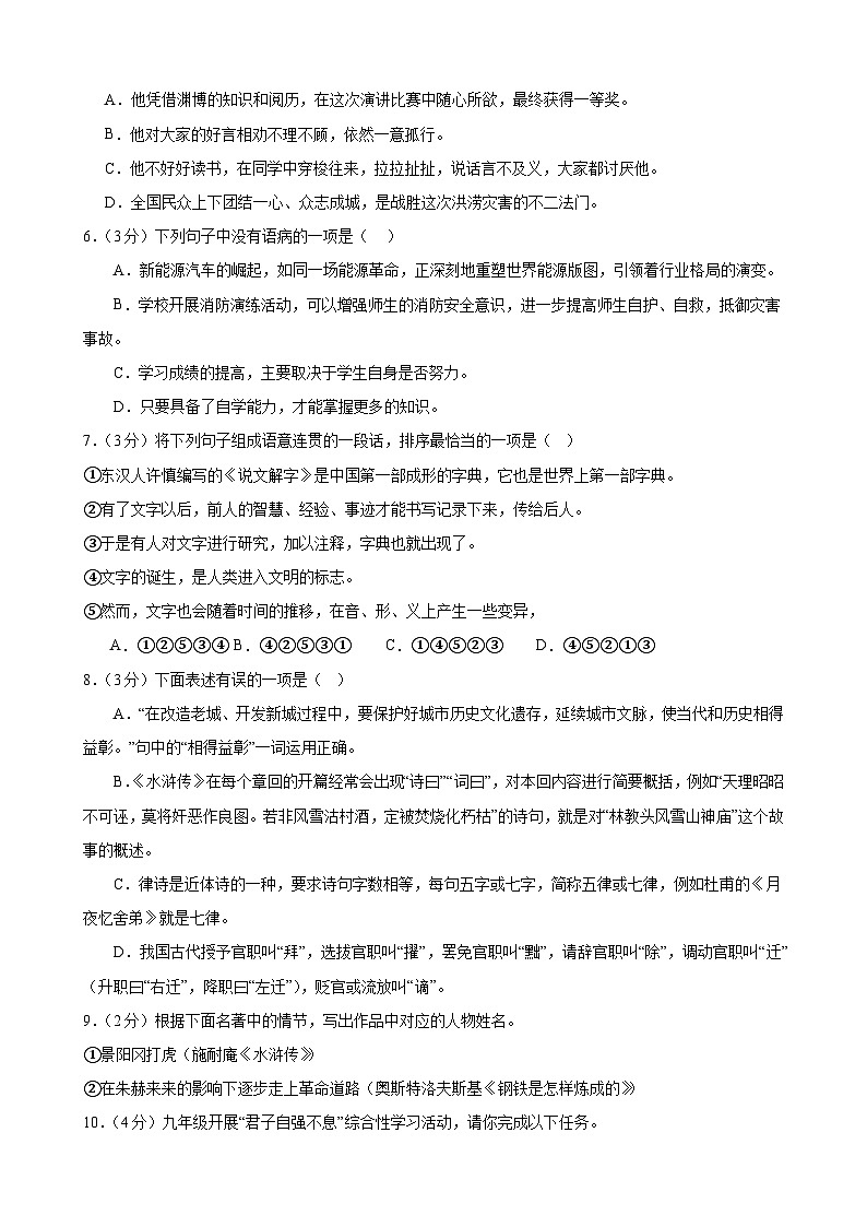 甘肃省武威市凉州区新华中学2024—2025常年九年级上学期第三次月考模拟语文试卷第2页