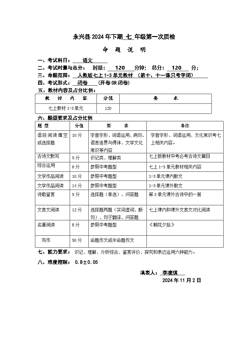 2024年下期湘中七年级期中考试命题说明（语文）第1页