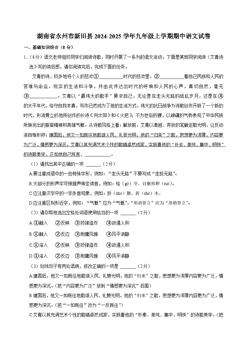 湖南省永州市新田县2024-2025学年九年级上学期期中语文试卷第1页