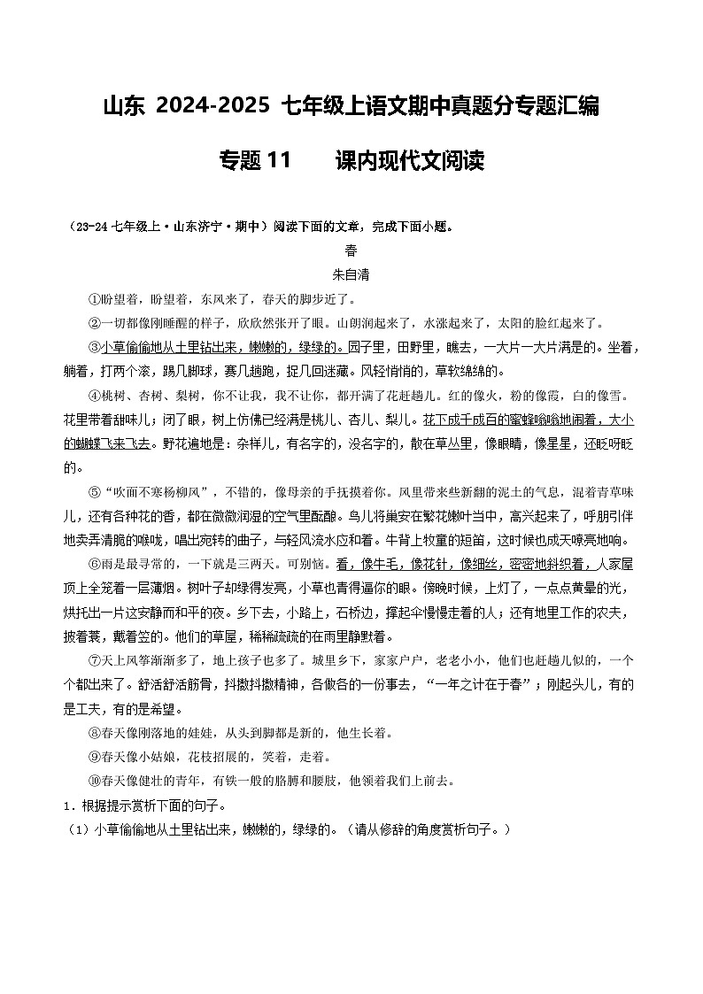 山东 2024-2025 七年级上语文期中真题分专题汇编  专题11    课内现代文阅读（不含答案版）第1页