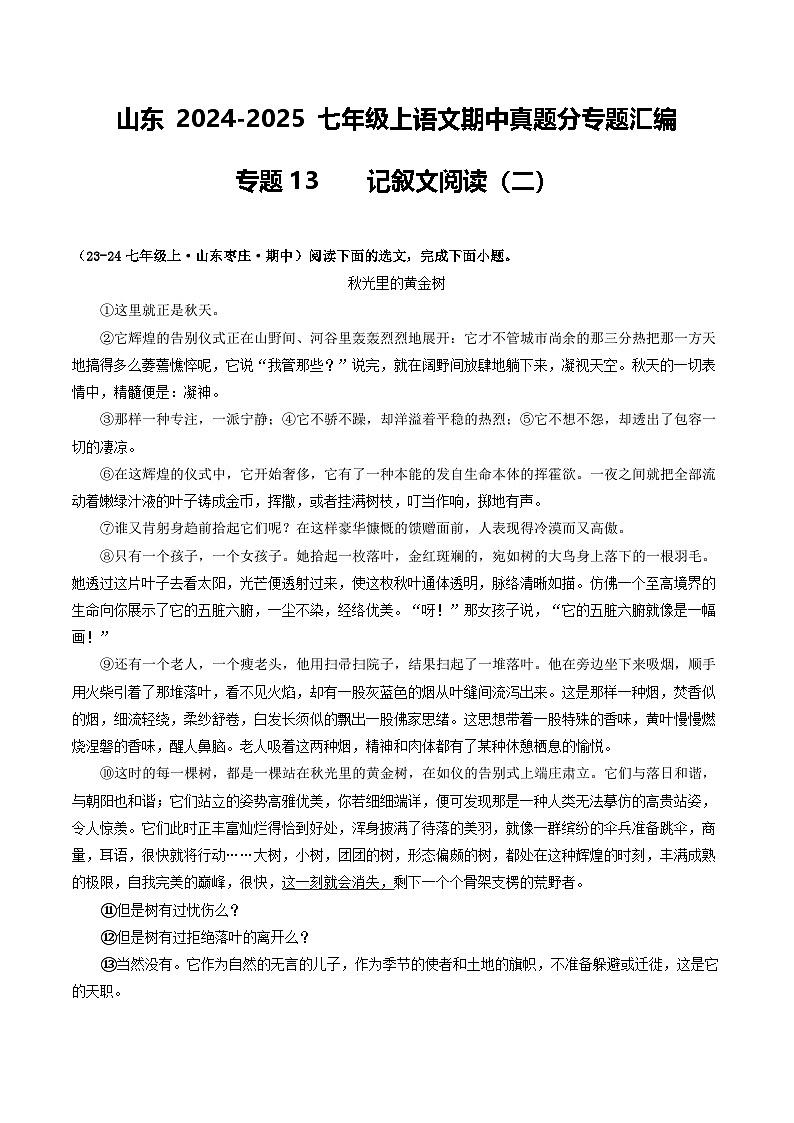 山东 2024-2025 七年级上语文期中真题分专题汇编  专题13    记叙文阅读（二）（不含答案版）第1页