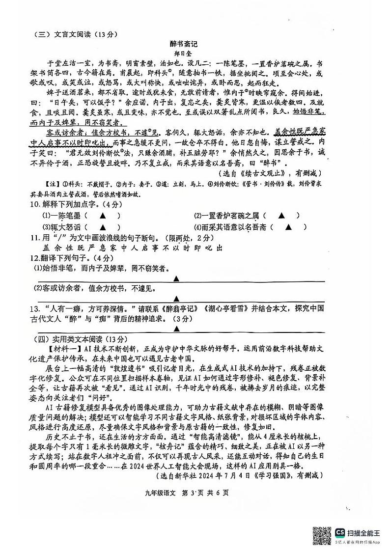 江苏省扬州市高邮市2024-2025学年九年级上学期期中考试语文试题第3页