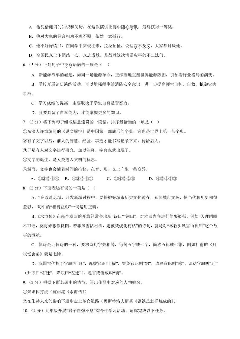 甘肃省武威市凉州区新华中学2024—2025常年九年级(上)第三次月考模拟语文试卷(含答案)第2页