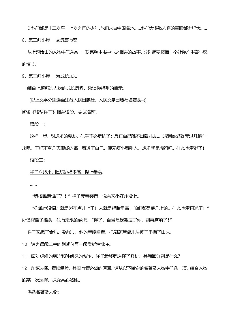 2024年中考九年级语文专题复习（专练）：名著导读2（含答案）第3页