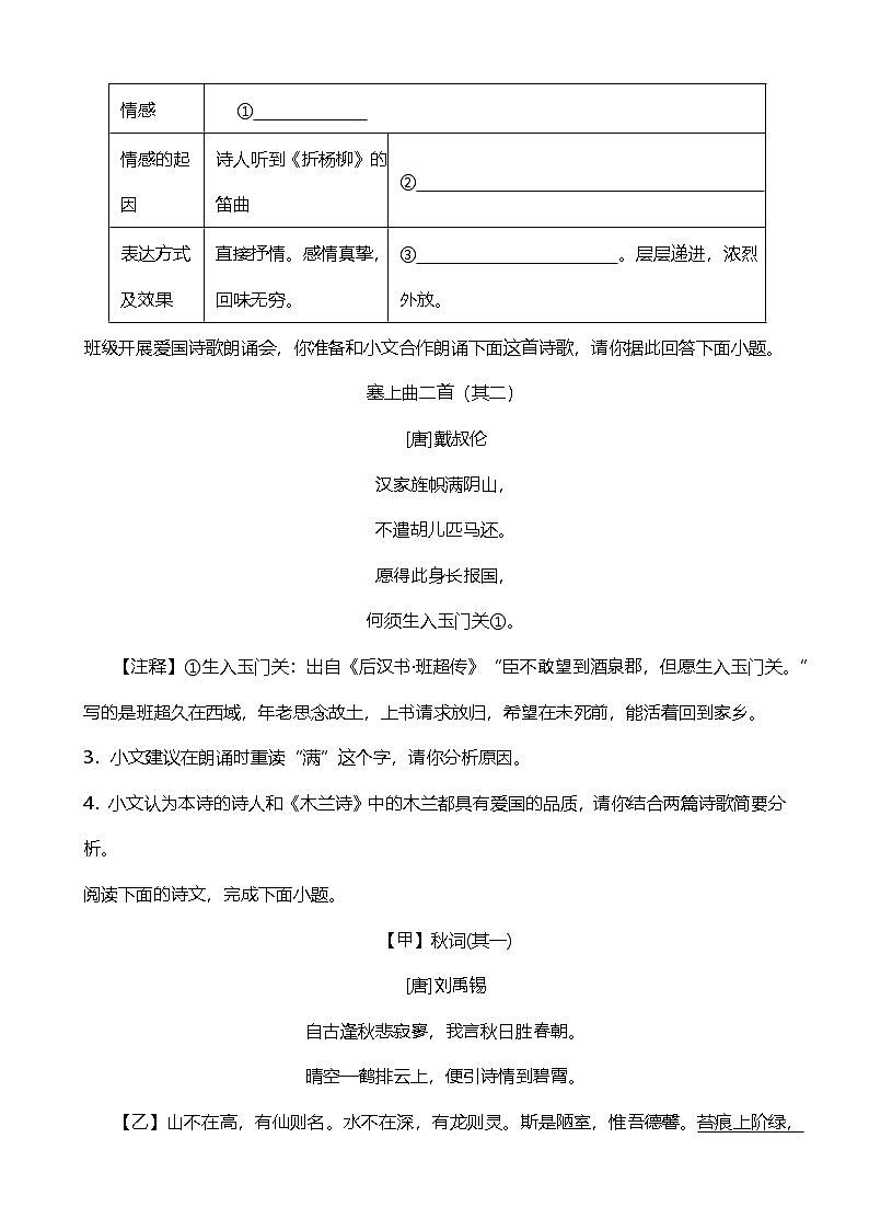2024年中考九年级语文专题复习（专练）：诗歌鉴赏2（含答案）第2页