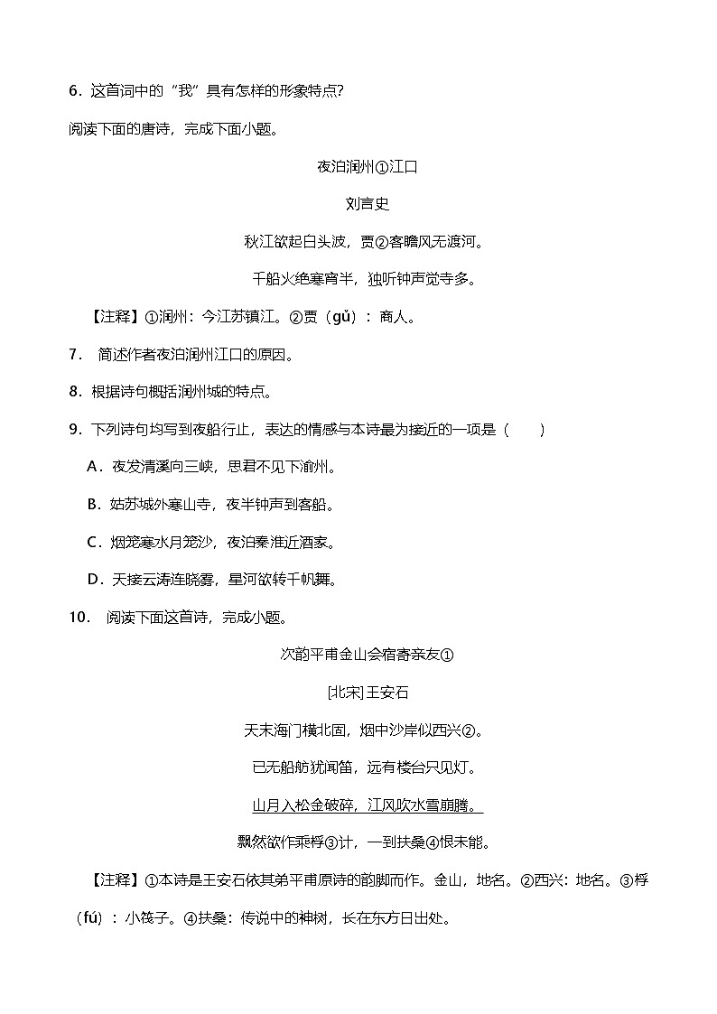 2024年中考九年级语文专题复习（专练）：诗歌鉴赏4（含答案）第3页