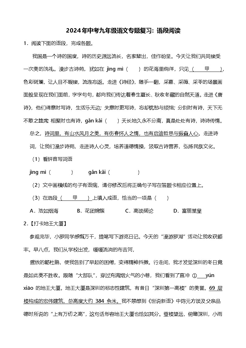 2024年中考九年级语文专题复习（专练）：语段阅读（含答案）01