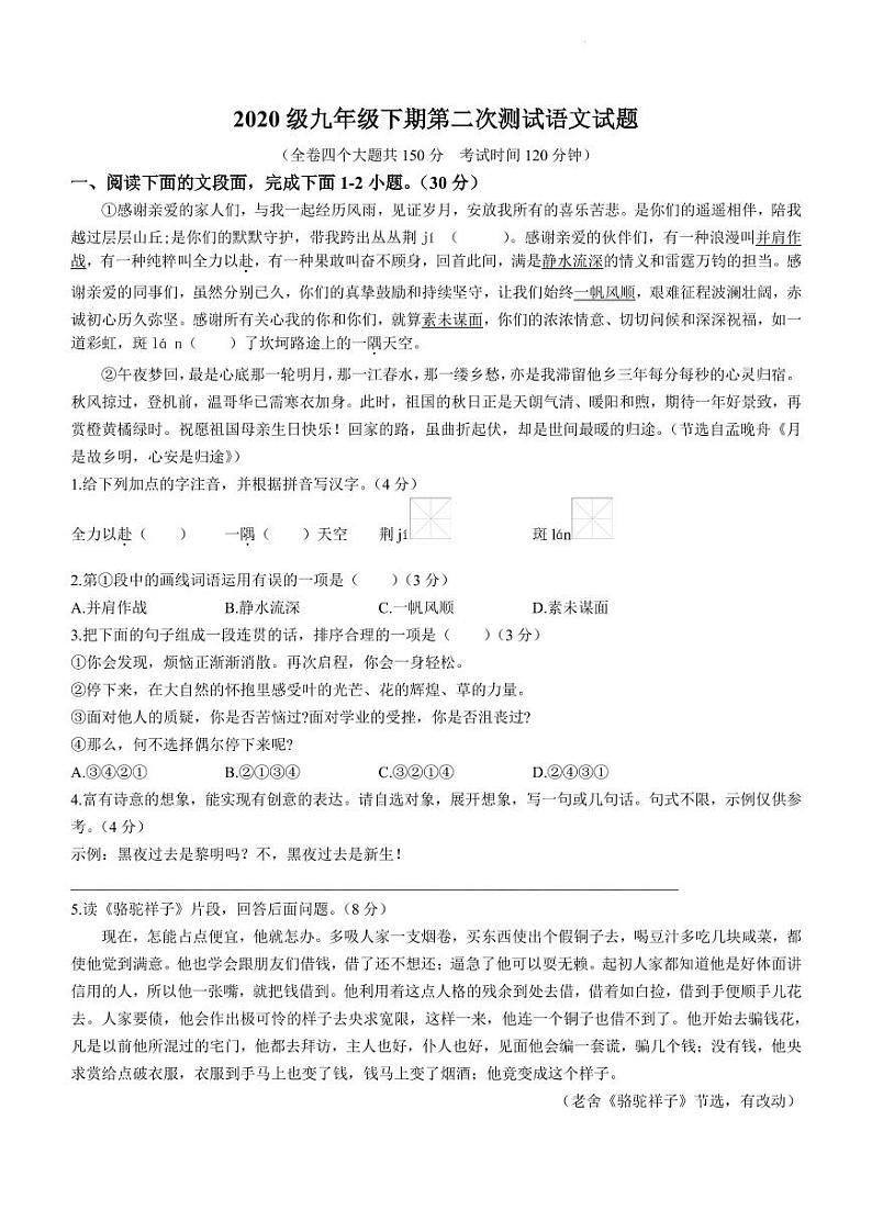 重庆市潼南区2022-2023学年九年级下学期期中语文试题第1页