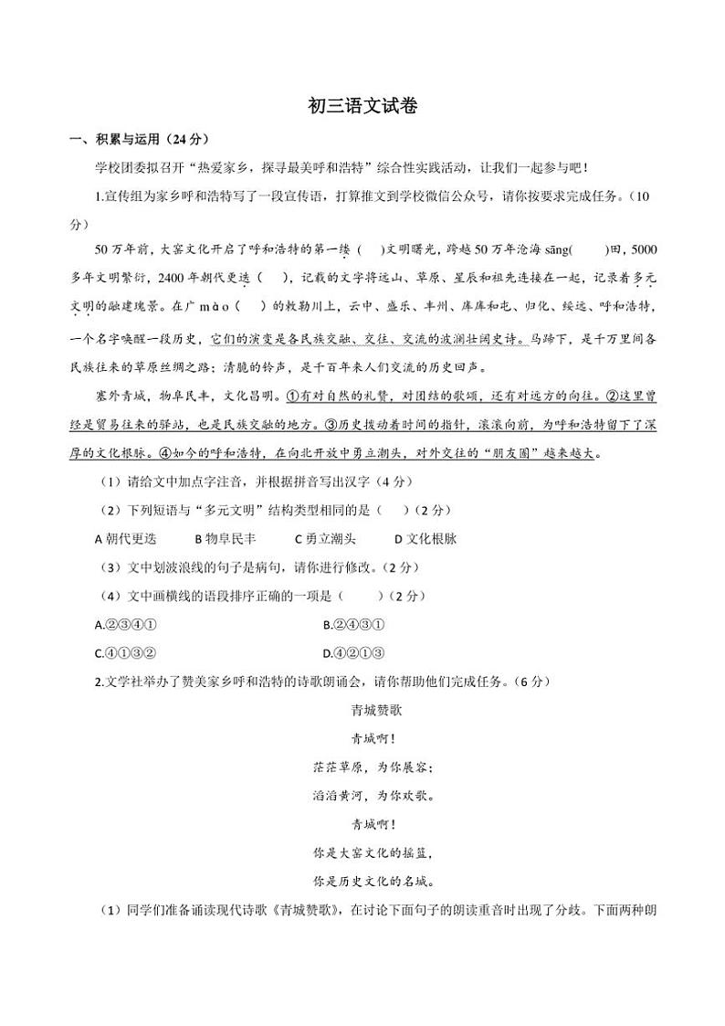 内蒙古呼和浩特市土默特左旗东方学校2024～2025学年九年级(上)期中语文试卷(含答案)01