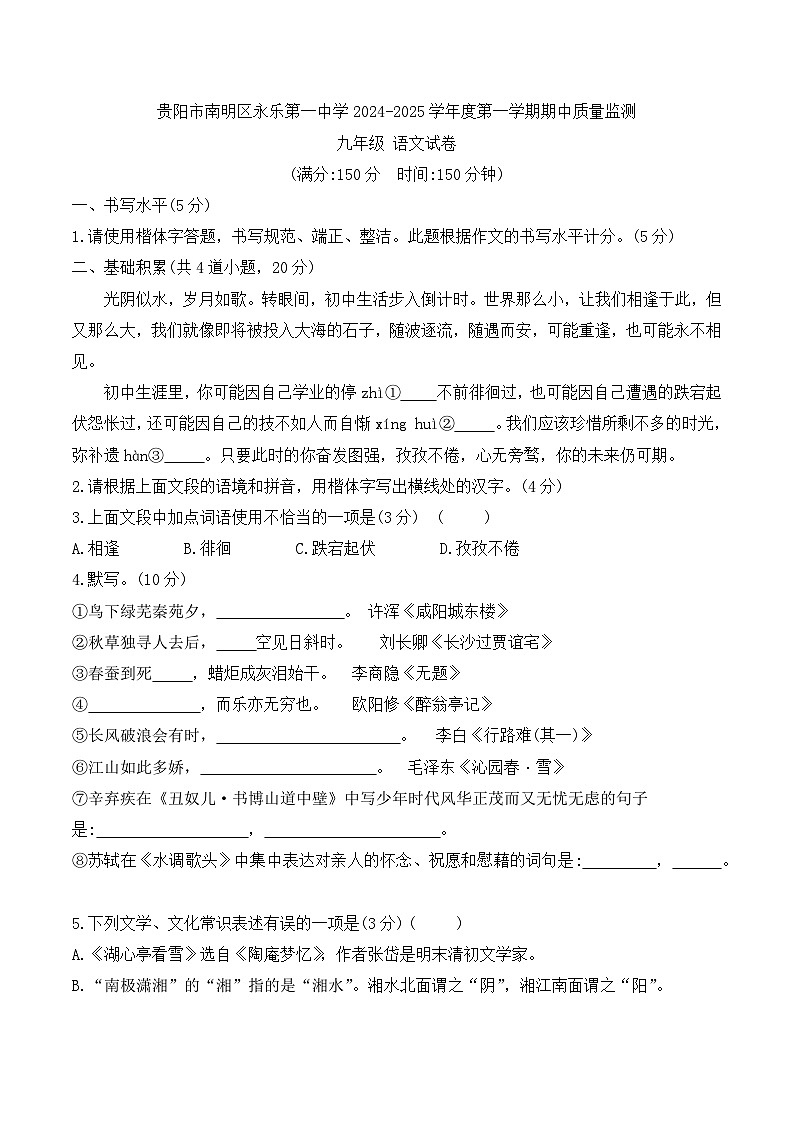 贵州省贵阳市南明区永乐第一中学2024-2025学年九年级上学期11月期中语文试题01
