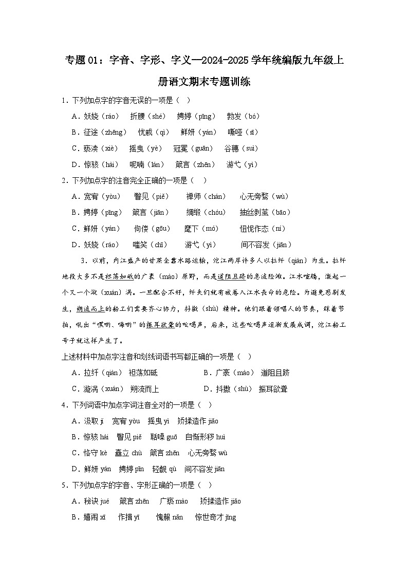 专题01：字音、字形、字义--2024-2025学年统编版九年级上册语文期末专题训练第1页