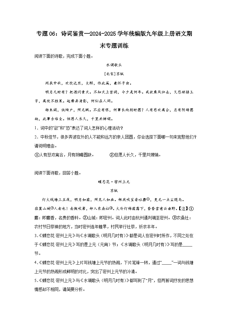 专题06：诗词鉴赏--2024-2025学年统编版九年级上册语文期末专题训练第1页