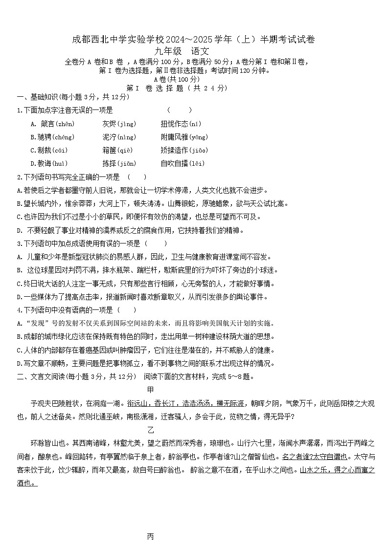 四川省成都市第四十三中学2024-2025学年九年级上学期期中考试语文试题第1页