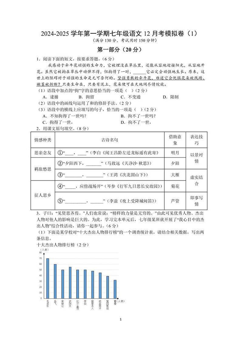 江苏省苏州市2024～2025学年七年级(上)语文12月考模拟卷(1)(含答案)第1页