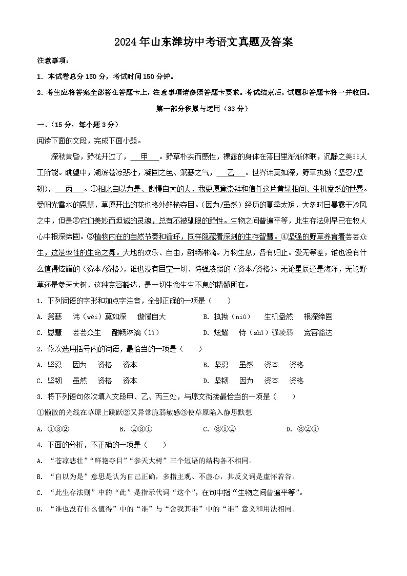 2024年山东潍坊中考真题语文真题及答案第1页