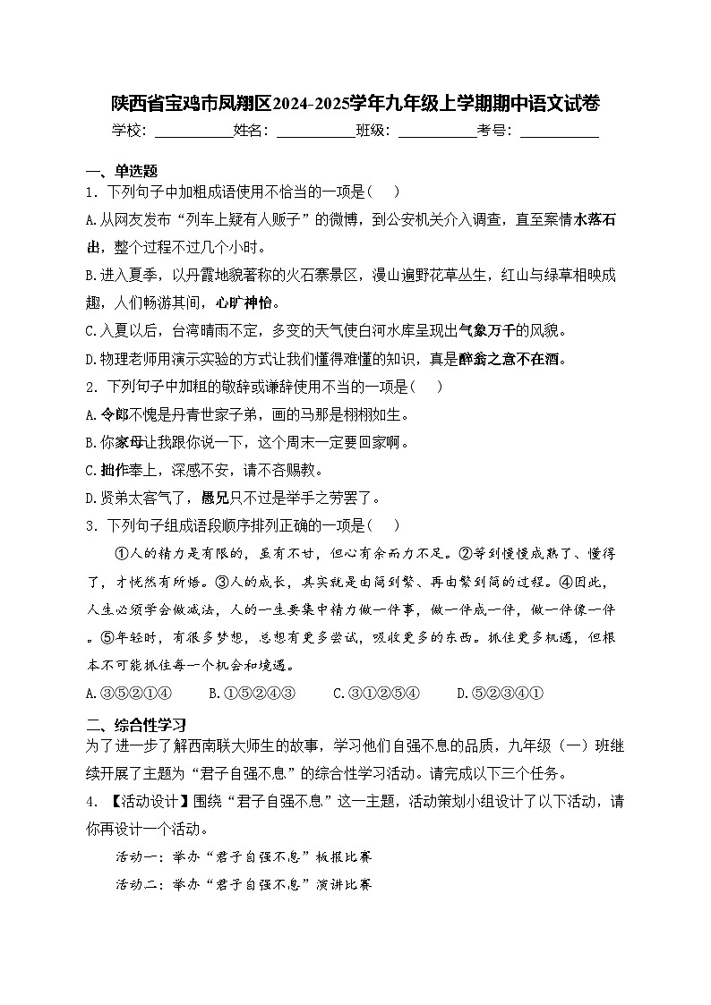 陕西省宝鸡市凤翔区2024-2025学年九年级上学期期中语文试卷(含答案)01