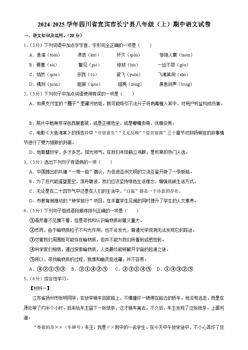 四川省宜宾市长宁县2024-2025学年八年级上学期期中考试语文试题-A401