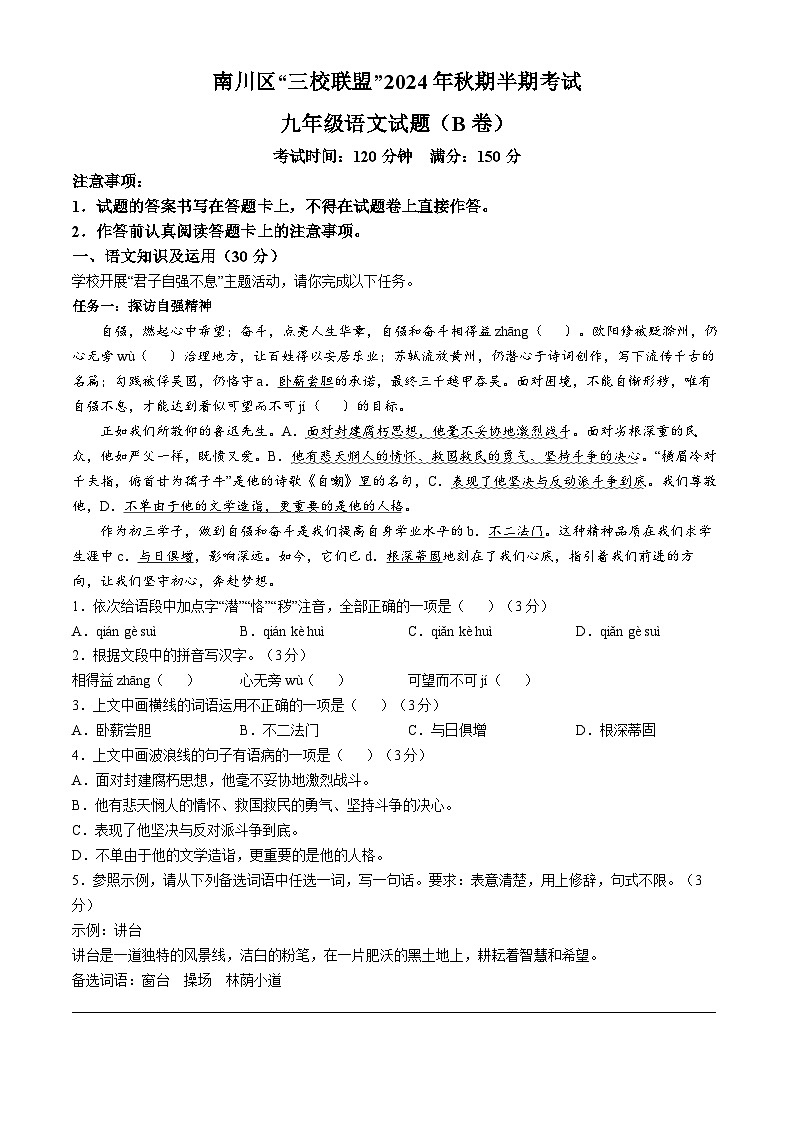 重庆市南川区三校联盟2024-2025学年九年级上学期期中语文试题（B卷）第1页