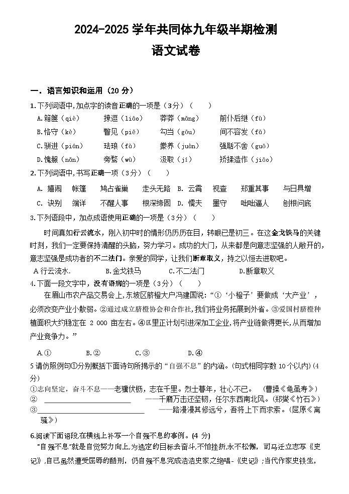 青神县2024-2025学年共同体九年级半期检测语文试卷第1页