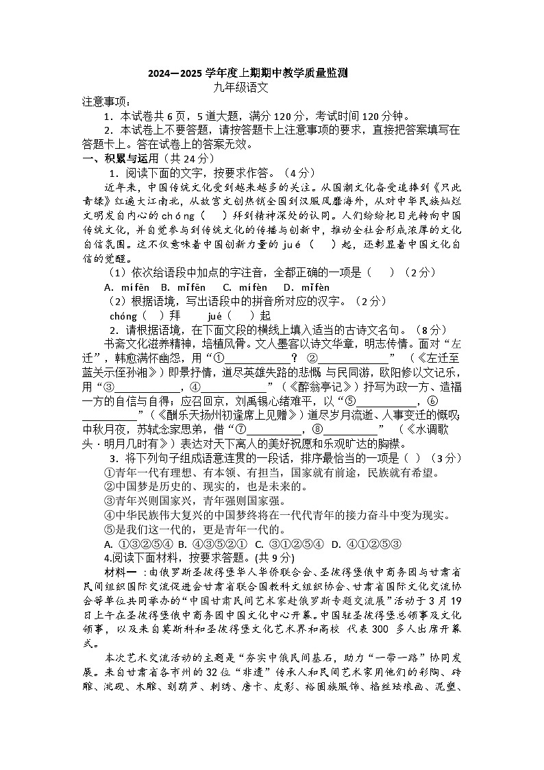 河南省信阳市新县2024-2025学年九年级上学期期中质量监测语文试卷第1页