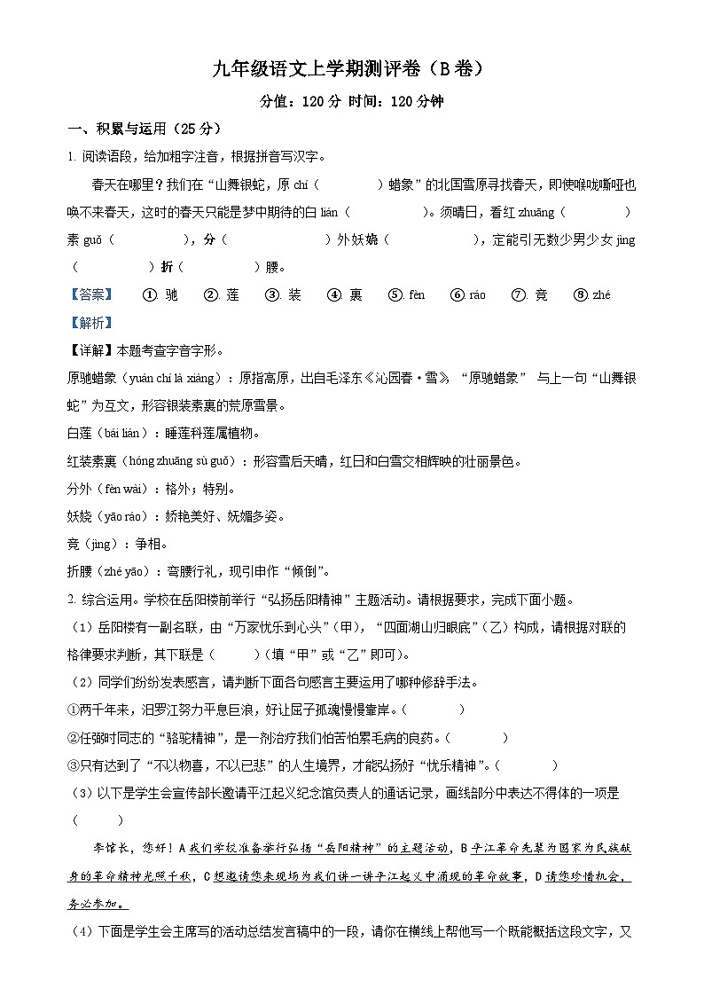 湖南省衡阳市衡阳县部分学校2024--2025学年九年级上学期第一次月考语文试题（B卷）（解析版）-A4第1页