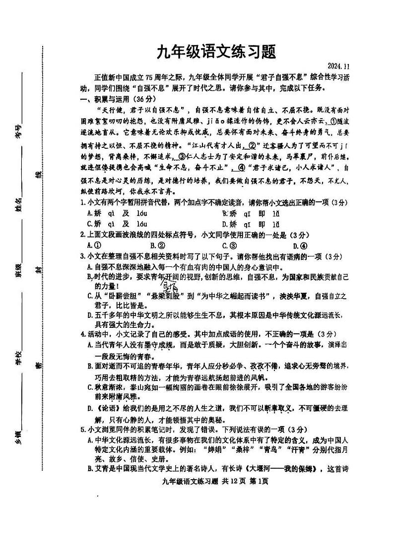 山东省泰安市岱岳区2024—2025学年九年级上学期期中语文试卷第1页