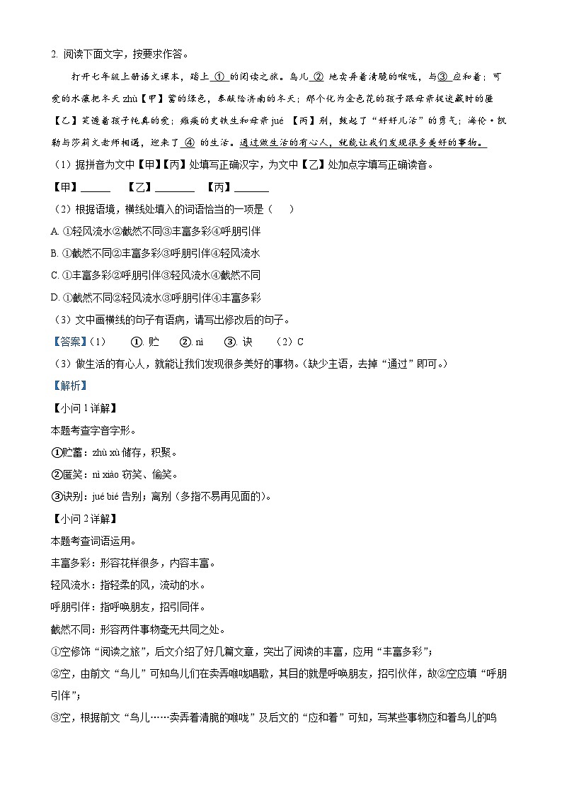 福建省厦门市松柏中学2024-2025学年七年级上学期期中语文试题（解析版）第2页