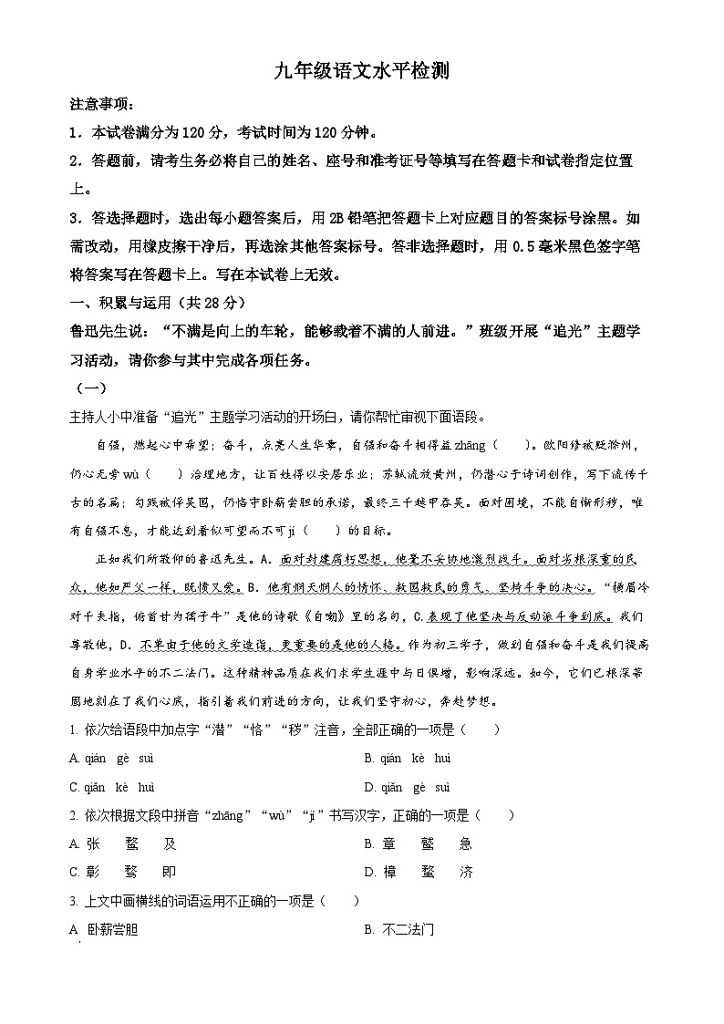 山东省聊城市茌平区实验中学2024-2025学年九年级上学期第一次月考语文试题（原卷版）第1页