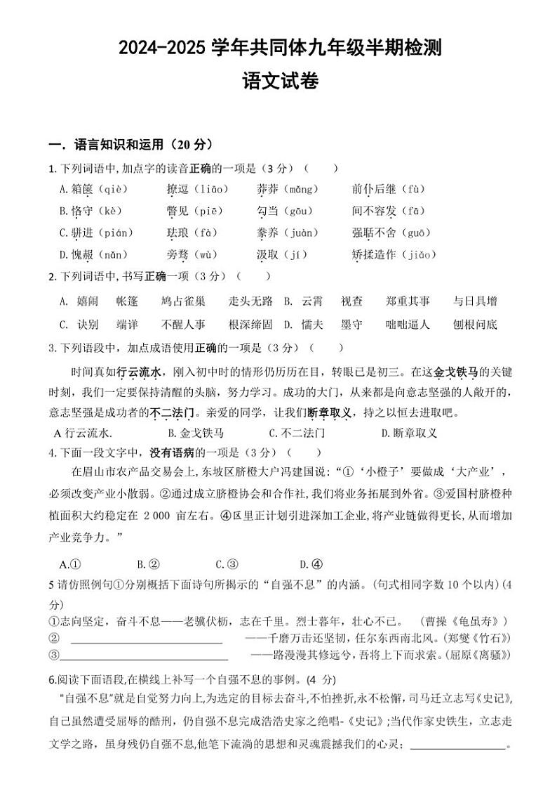 四川省眉山市青神县共同体2024～2025学年九年级(上)期中语文试卷(含答案)第1页