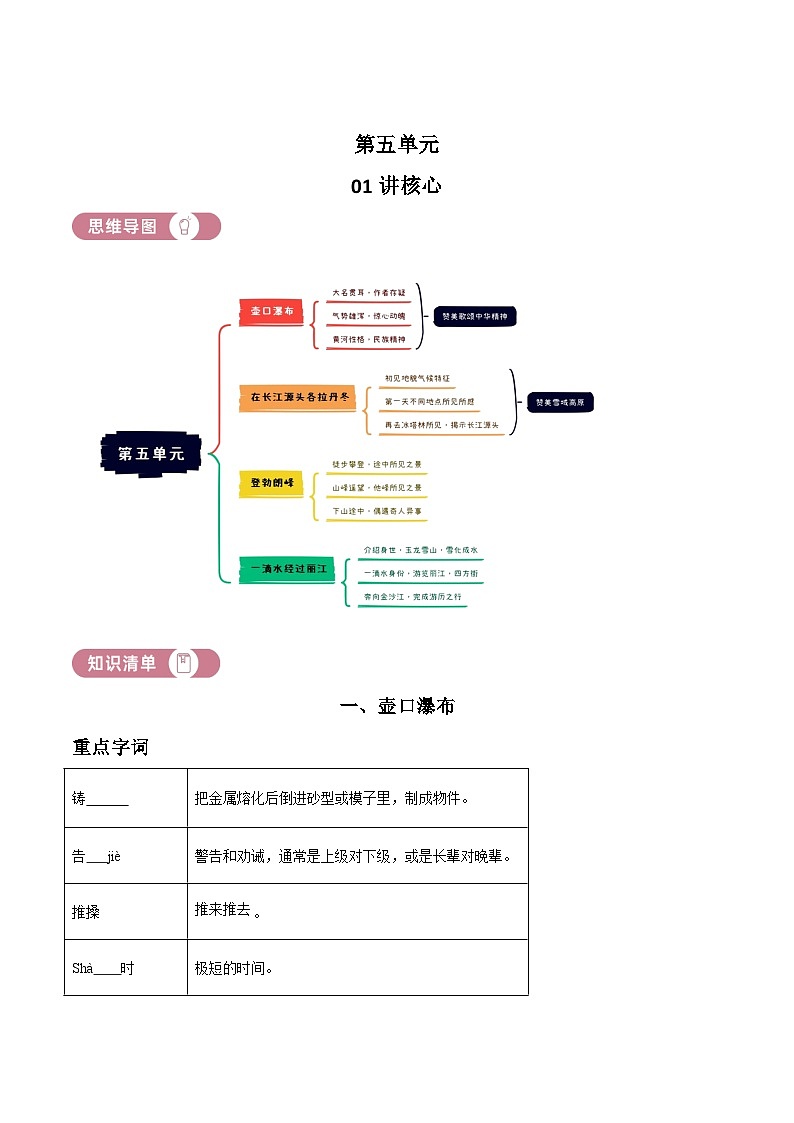 部编版初中语文八年级下册同步讲练测八年级下册第五单元01讲核心（解析版）第1页