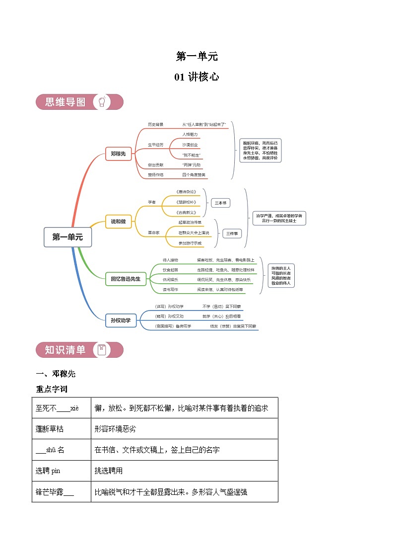 部编版初中语文七年级下册同步讲练测七年级下册第一单元01讲核心（解析版）第1页