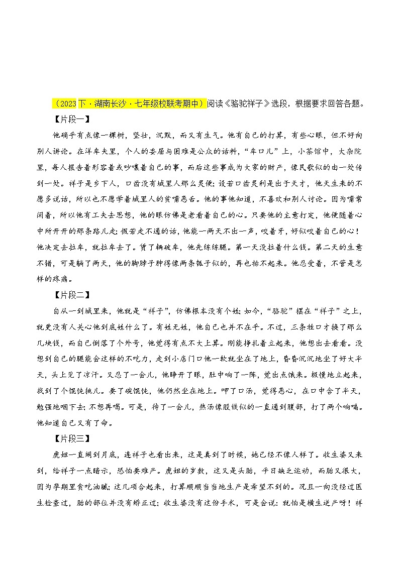 (长沙专用)初中语文七年级下册期中复习练习专题07  《骆驼祥子》（期中热点）30题（原卷版）第3页