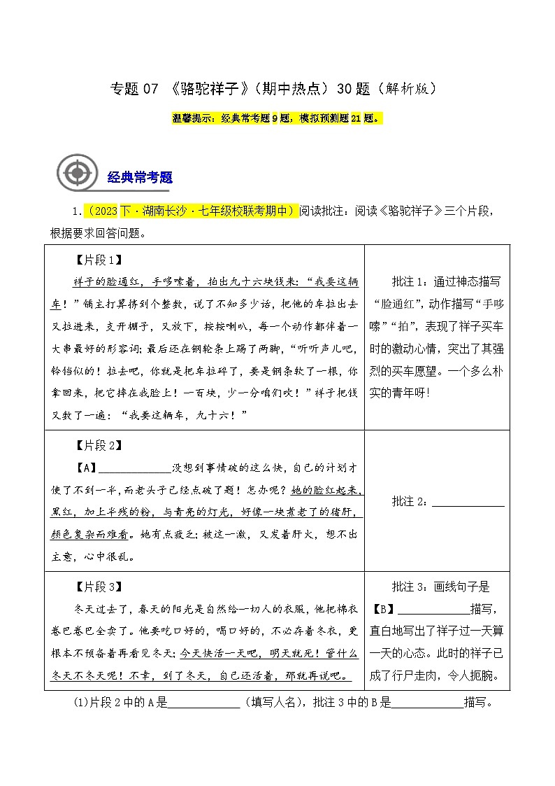 (长沙专用)初中语文七年级下册期中复习练习专题07  《骆驼祥子》（期中热点）30题（解析版）第1页
