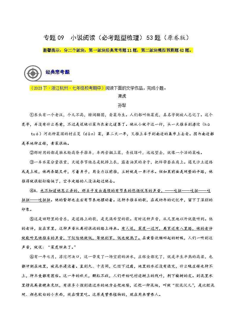 (浙江专用)初中语文七年级下册期中专题练习专题09  小说阅读（必考题型梳理）53题（原卷版）第1页