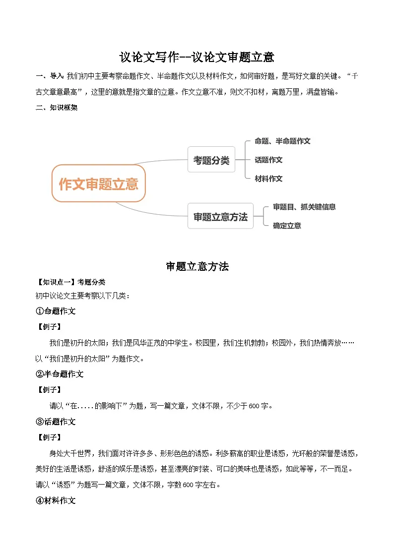 中考语文二轮复习议论文实用写作方法练习第01课 审题立意（教师版）第1页