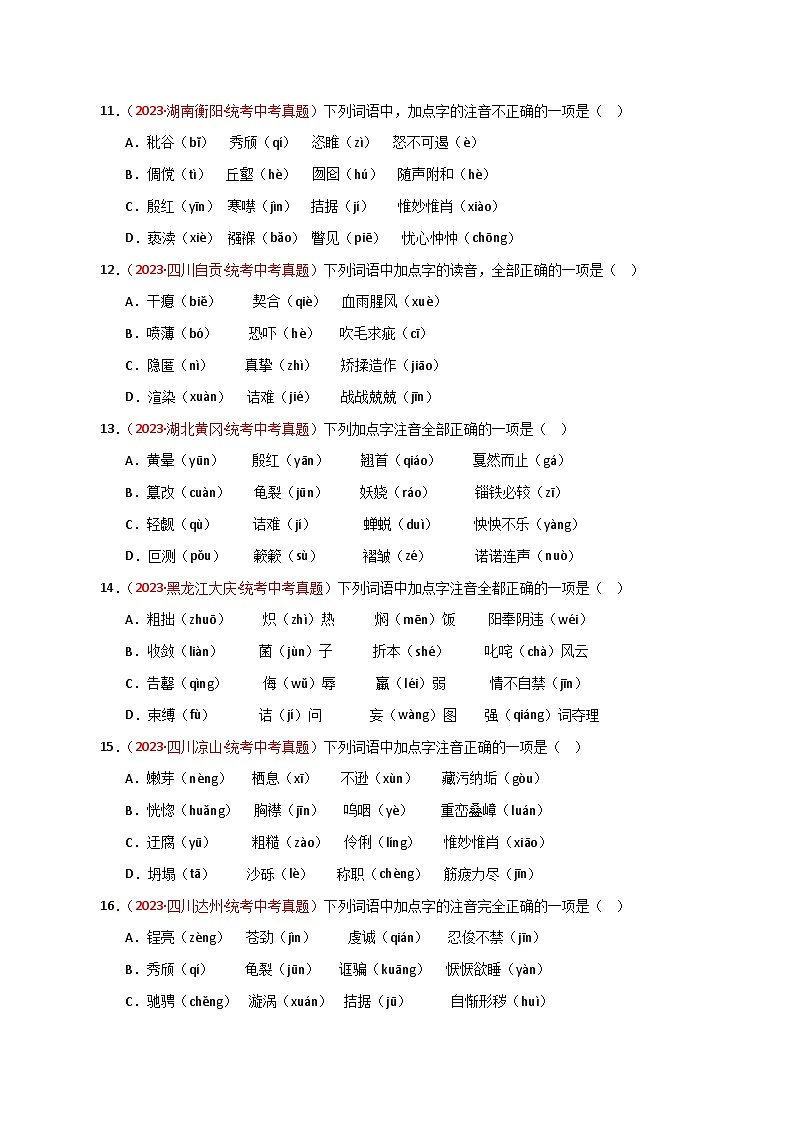 中考语文一轮复习考点归纳与考题精练考点01 字音（考题精练）（原卷版）第3页