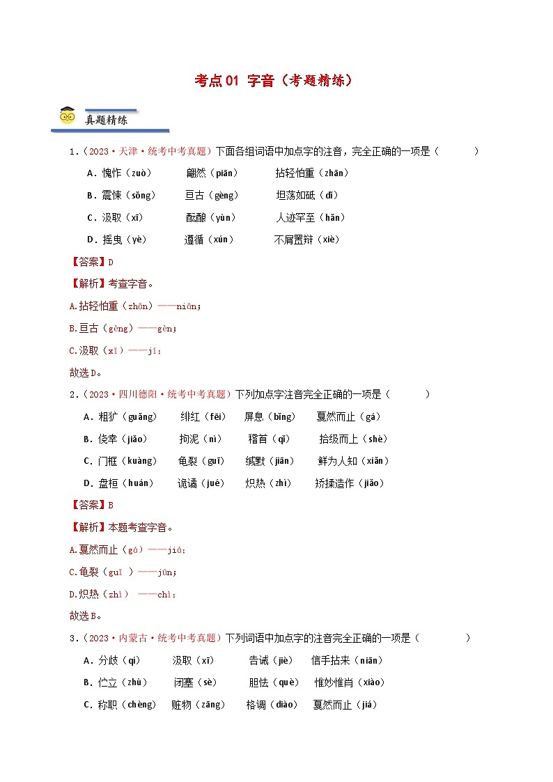 中考语文一轮复习考点归纳与考题精练考点01 字音（考题精练）（解析版）第1页