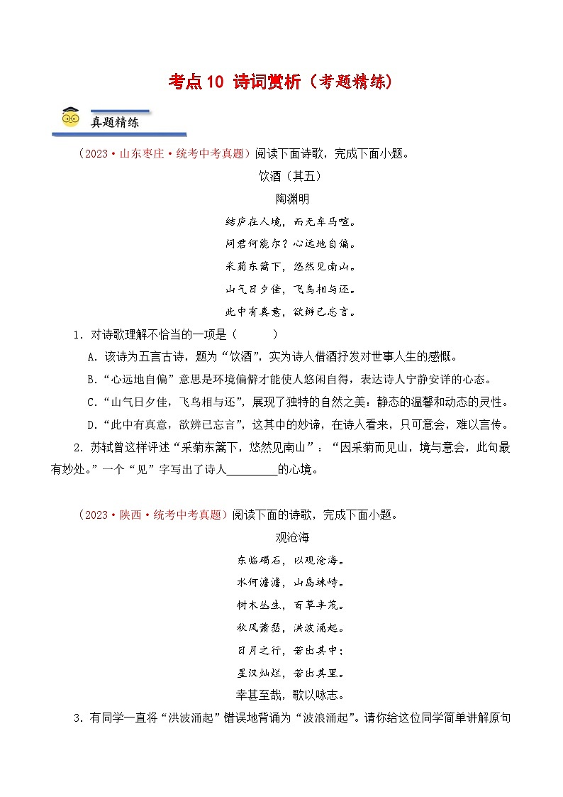 中考语文一轮复习考点归纳与考题精练考点10 诗词赏析（考题精练）（原卷版）第1页