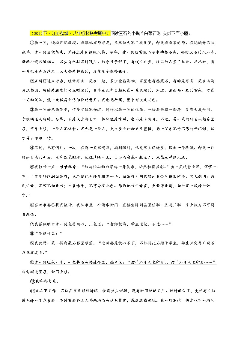 (江苏专用)初中语文八年级下册期中专题练习专题09  小说阅读（必考题型全梳理）50题（原卷版）第3页