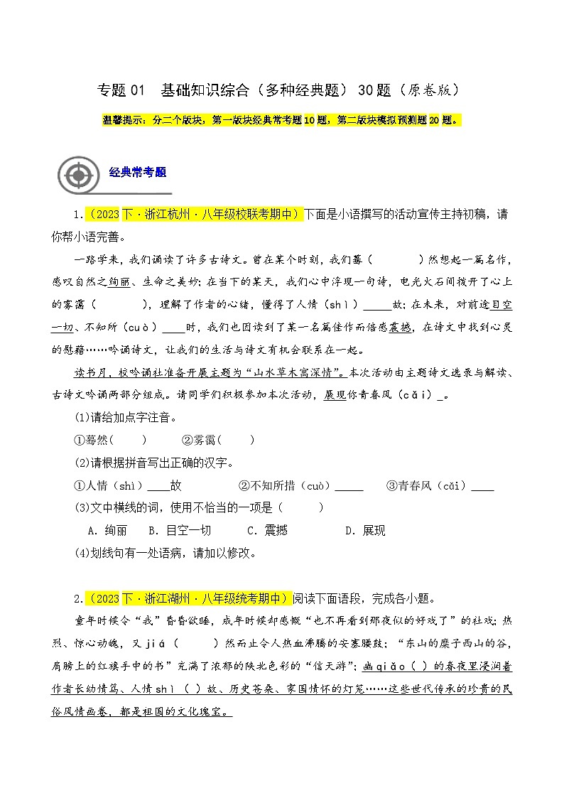 (浙江专用)初中语文八年级下册期中专题练习专题01  基础知识综合（多种经典题）30题（原卷版）第1页