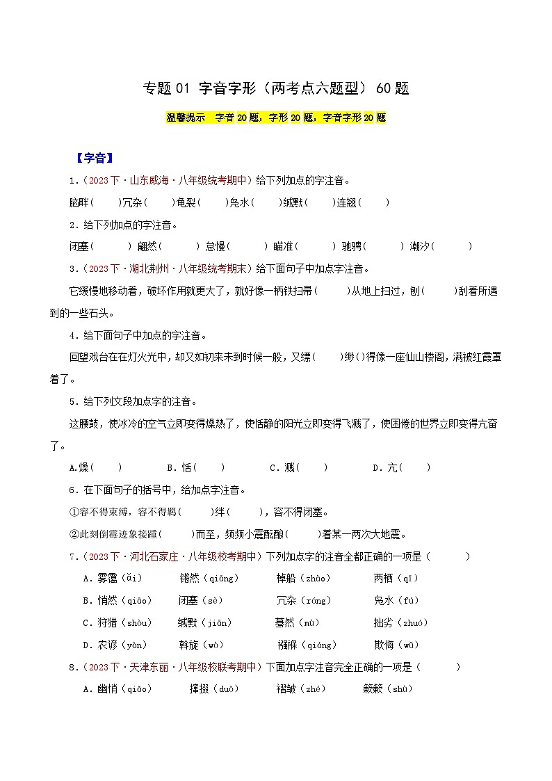 部编版语文八年级下册期中专题复习专题01  字音字形（二考点六题型）60题(原卷版）第1页