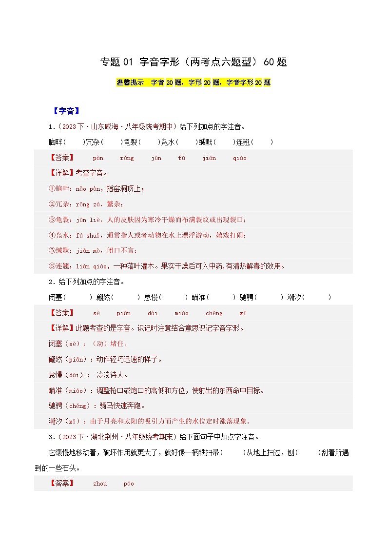 部编版语文八年级下册期中专题复习专题01  字音字形（二考点六题型）60题（解析版）第1页