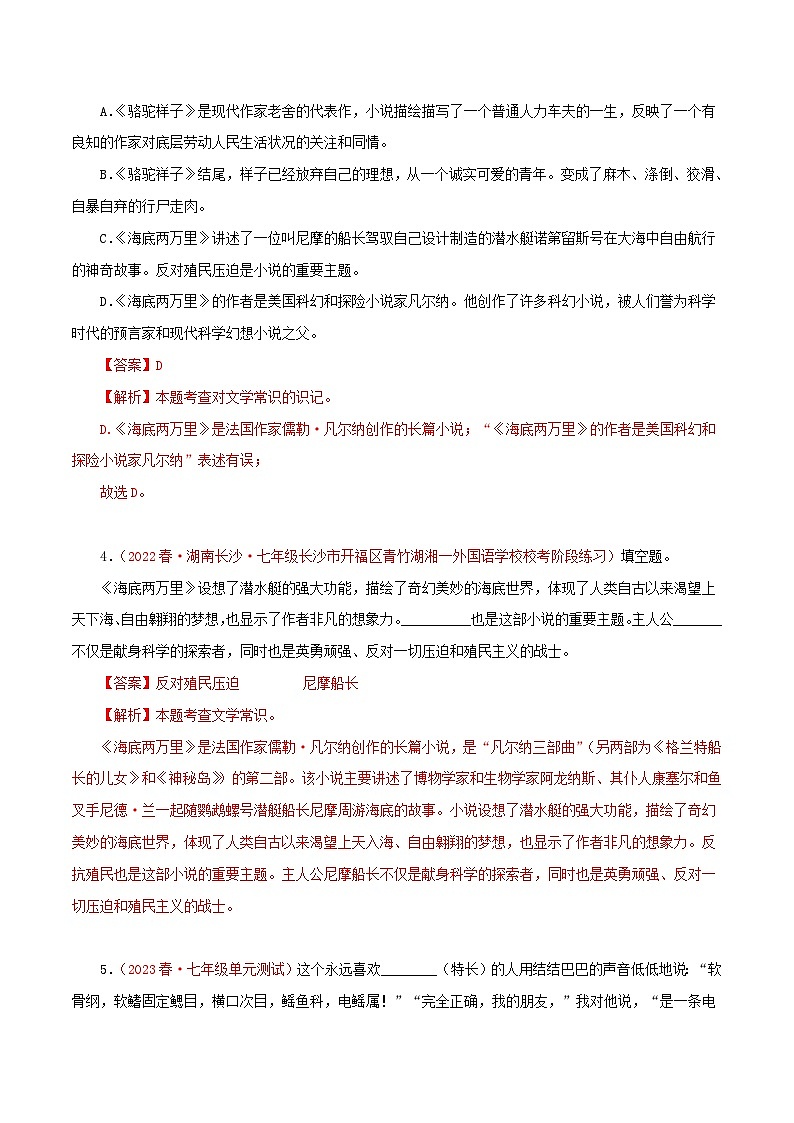 部编版初中语文七年级下册知识梳理与能力训练04海底两万里（含解析）第2页