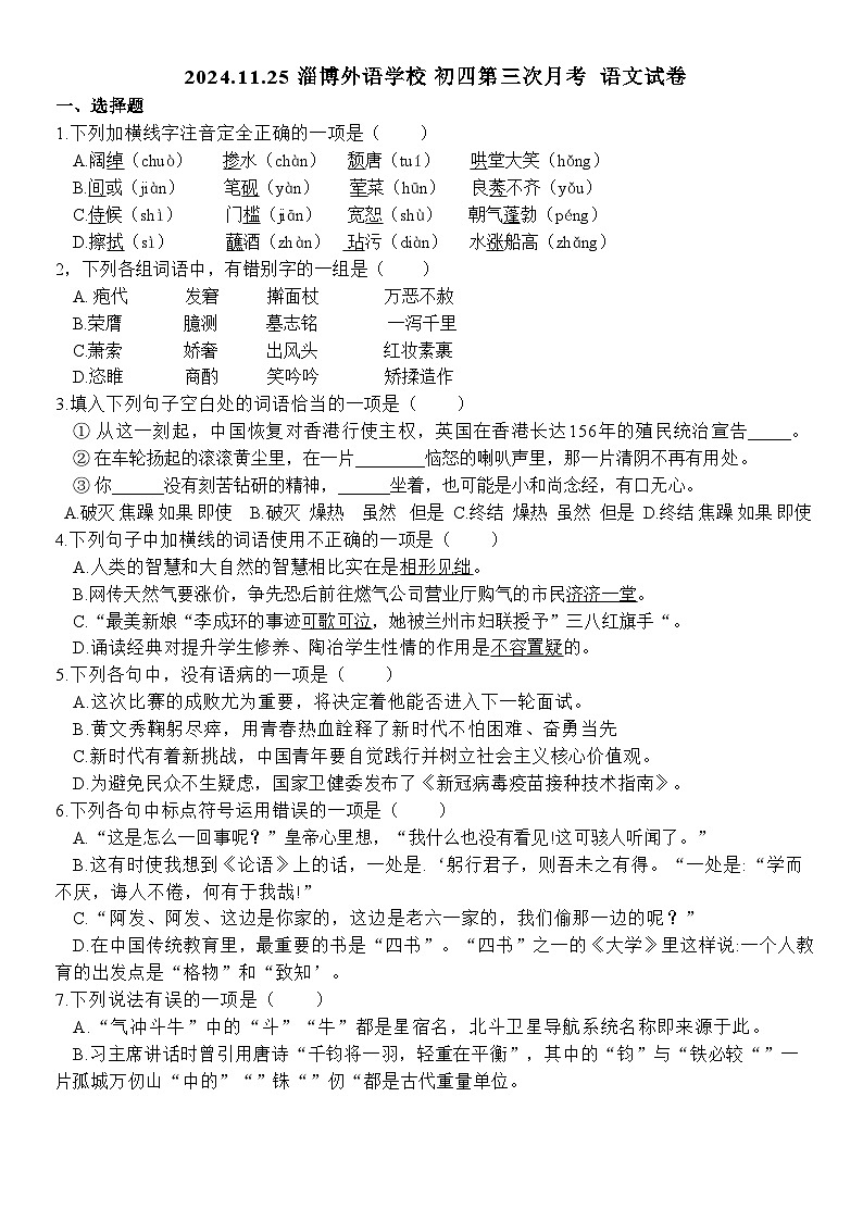 山东省淄博市张店区淄博外语学校2024-2025学年九年级上学期11月月考语文试题第1页