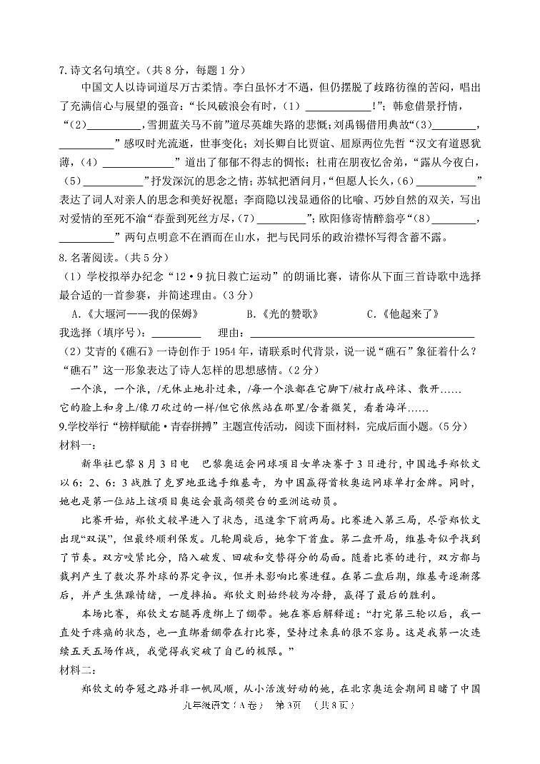 山东省滨州市无棣县2024-2025学年九年级上学期期中考试语文试题（A）第3页