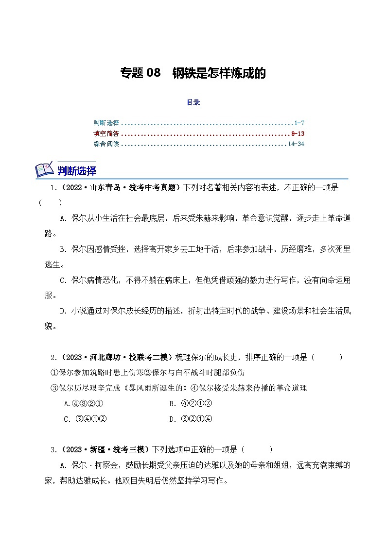 中考语文二轮复习文学名著必考篇目分层训练专题08 钢铁是怎样炼成的（原卷版）第1页