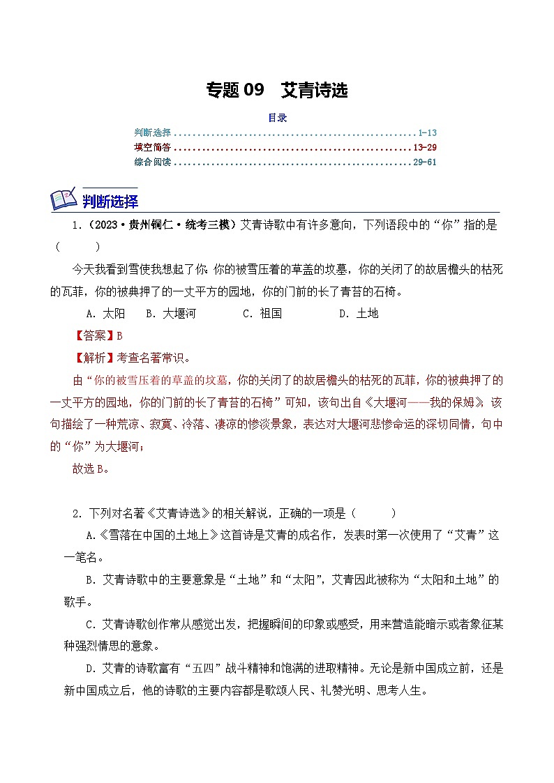 中考语文二轮复习文学名著必考篇目分层训练专题09 艾青诗选（解析版）第1页