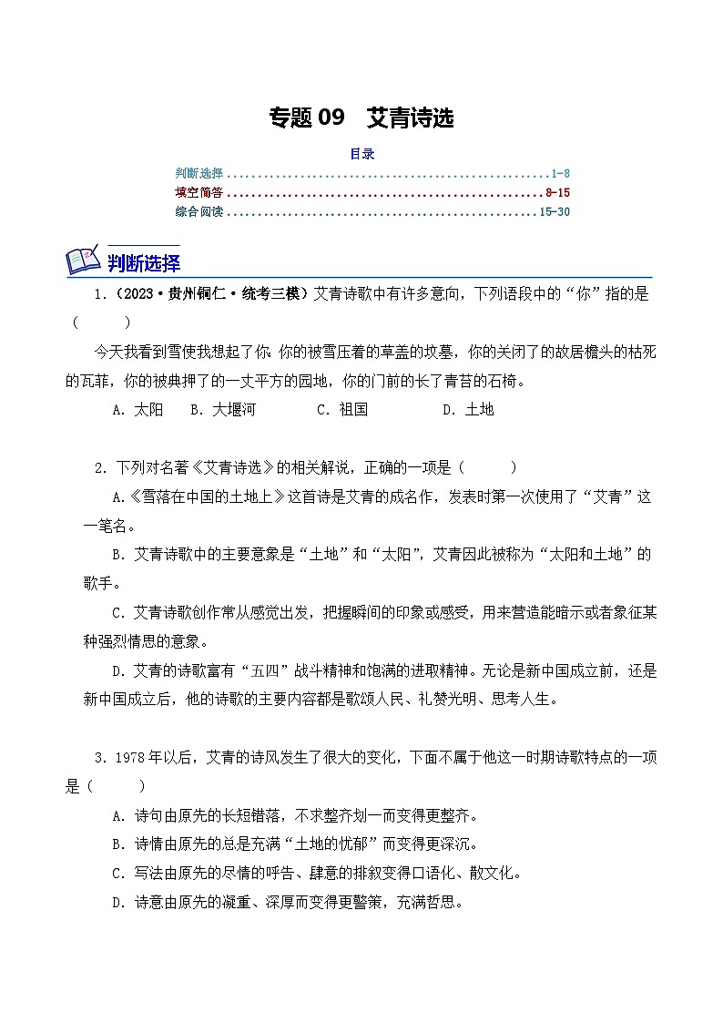 中考语文二轮复习文学名著必考篇目分层训练专题09 艾青诗选（原卷版）第1页