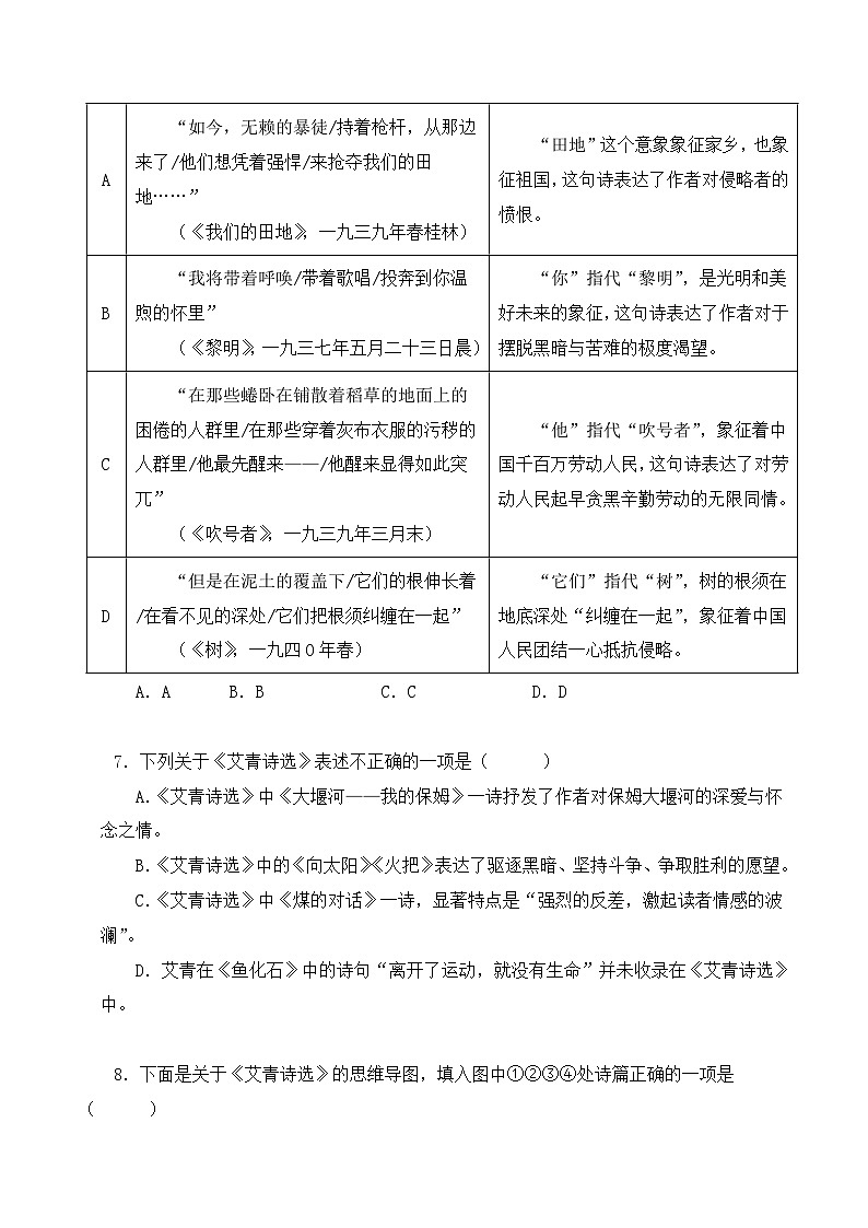 中考语文二轮复习文学名著必考篇目分层训练专题09 艾青诗选（原卷版）第3页