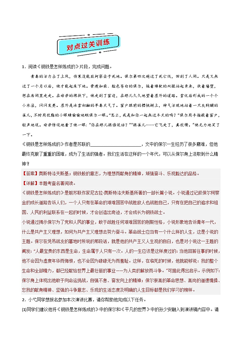 中考语文一轮复习名著导读练习专题09 八下《钢铁是怎样炼成的》（解析版）第3页